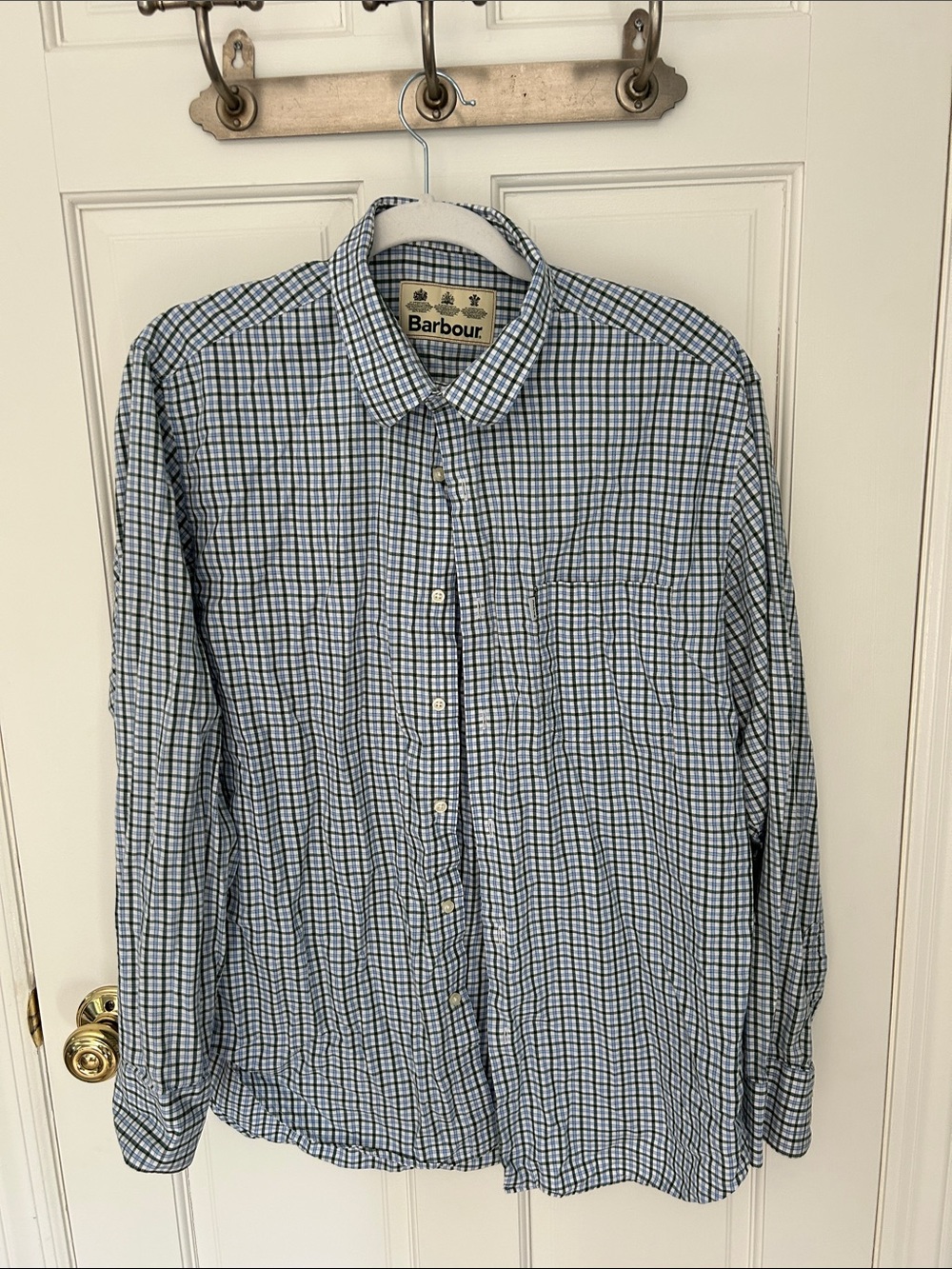 Barbour Light Blue and Olive Checked Button-Down Shirt 100% cotton, medium EUC